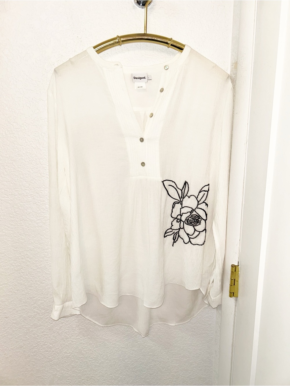 DESIGUAL The Nagasaki Beaded Blouse Long Sleeve Mandarin Collar Abalone SZ: L
